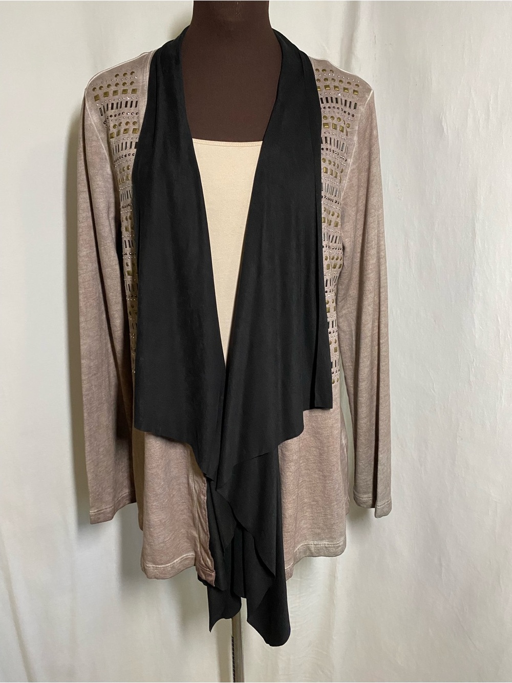Vocal Taupe and Black Draped Open Cardigan with Embellished Front